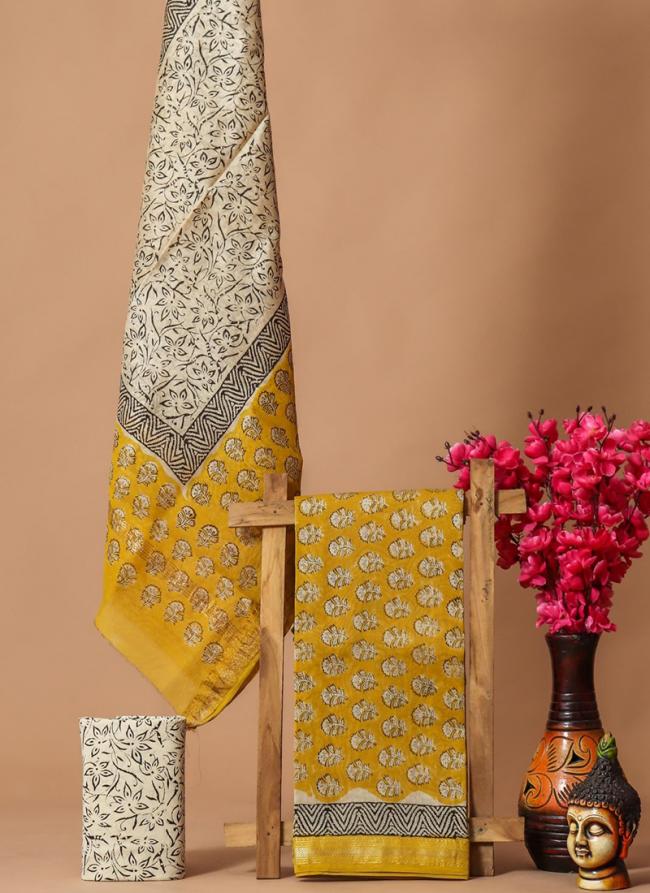 Maheshwari Silk Yellow Festival Wear Block Printed Dress Material